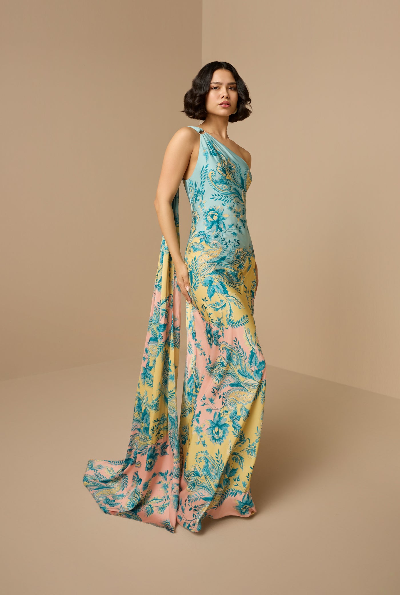 one shoulder ethnic dress Hand Printed Wrap Front Drape Midi Dress For Women, One Shoulder Dhoti Dress, Indian One Piece Dress, Indo Western Wedding Guest Outfit