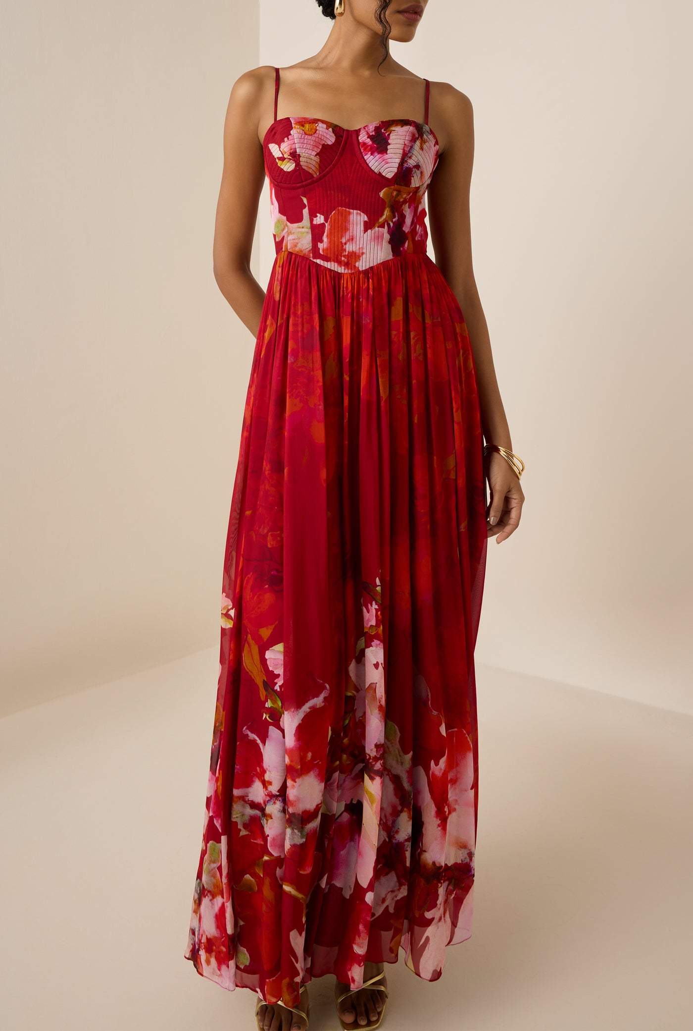 hemant and nandita sama long dress HEMANT AND NANDITA Sama Cowl Neck Long Dress in Peach Floral