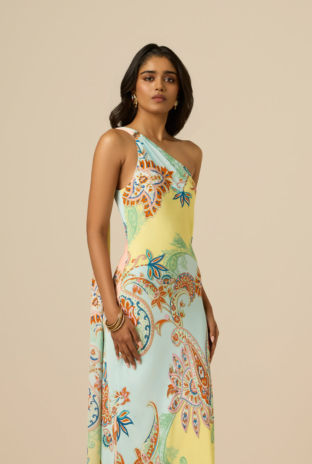 one shoulder pattern dress Yuti XXS pair with a structured Long Cool Woman (In Color:Gold Signature Windsor