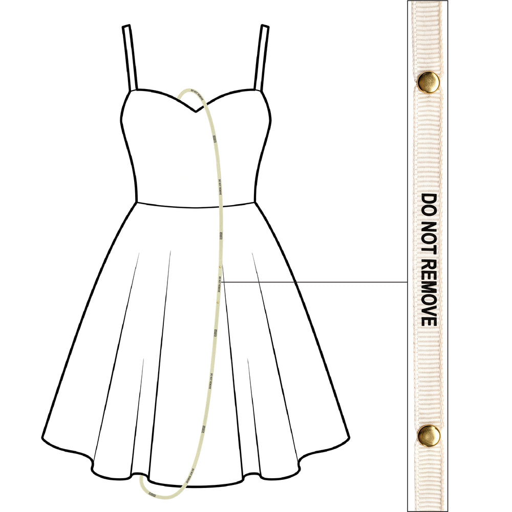 Do Not Remove ribbon threaded through a fit-and-flare dress, with a close-up of the ribbon