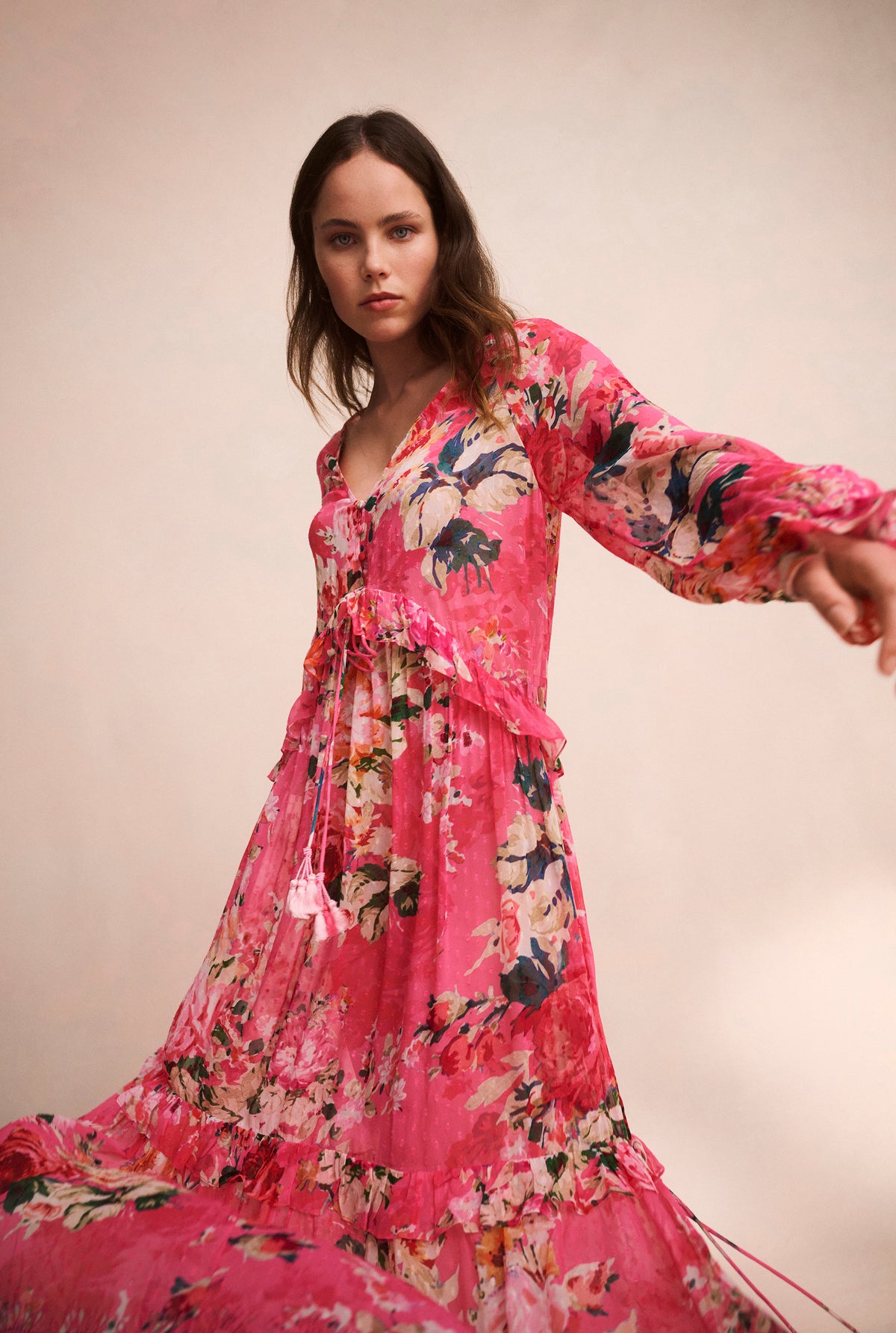 Hemant And Nandita Tula floral-print tiered dress - Pink